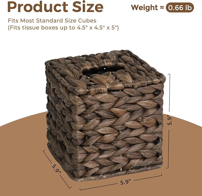 2 Pack Tissue Box Cover, Square Wicker Tissue Box Holder Facial Tissues Boxes, Hand Woven Napkin Box Tissue Holder for Bathroom Bedroom Office Table Desk Night Stand, Boho Decorative, Brown