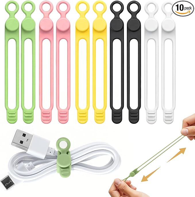 10 Pcs Silicone Cable Ties, Reusable Data Cable Organizer Wire Organizers for Office, Multipurpose Elastic Cord Wraps Cable Management for Charging Cord,Appliances,Home,Office,Kitchen,School,Travel
