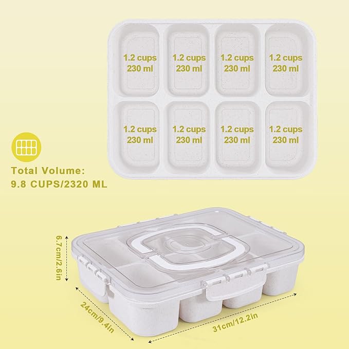 Snackle Box Container, Large 8-Compartment Divided Serving Tray with Lid and Handle, Portable Snack Tray for Travel Party Beach Picnic, Dishwasher Safe, BPA-Free, Wheat Straw
