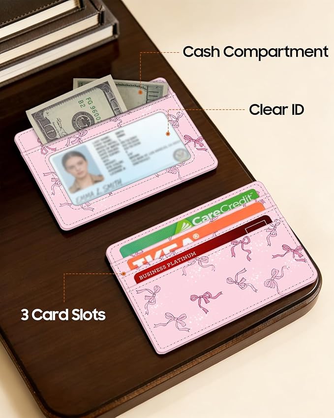 FINTIE Slim Minimalist Front Pocket Wallet, RFID Blocking Credit Card Holder Card Cases with ID Window for Men Women (Pink Bow)