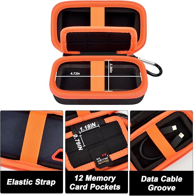 COMECASE Dual SSD Case for SanDisk Extreme Portable SSD & Extreme Pro, Hard Drive Storage Bag Fits 1TB 2TB 4TB 8TB External Solid State Drive, with 12 SD Card Slots, for Travel - Orange (Box Only)