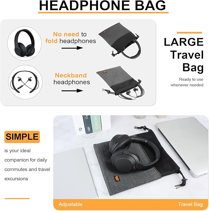 Lightweight Headphone Storage Bag, Portable Headset Carrying Pouch Headphone Case Bag Soft Travel Pouch for Over-Ear Headphones/Gaming Headsets/Neckband Earbuds (Large Grey)