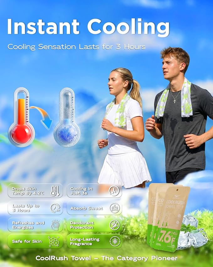 CoolRush Towel for Body – 5 Pack Individually Wrapped Cooling Wipes | Instant Cooling Neck Wrap, Alcohol-Free Sweat Cooling Towel for Adults | Reusable, Travel, Gym, Music Festival, Camping Essentials