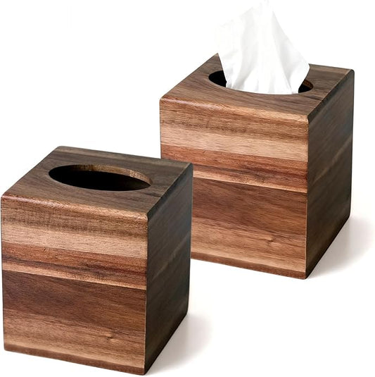 2 Pack Acacia Wood Tissue Box Cover, Square Tissue Box Holder with Slide-Out Bottom, Wooden Cube Tissue Covers Tissue Holders for Bathrooms Office Kitchen