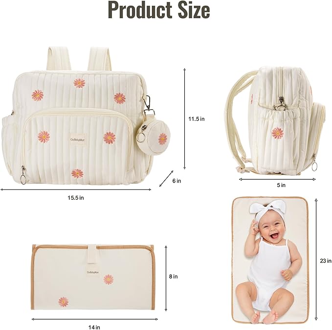GOBABYMART Diaper Bag Backpack, Medium Maternity baby bag & Changing Pad, Insulated Pockets, Stroller Straps & Pacifier Case (Medium - Beige Flowers)