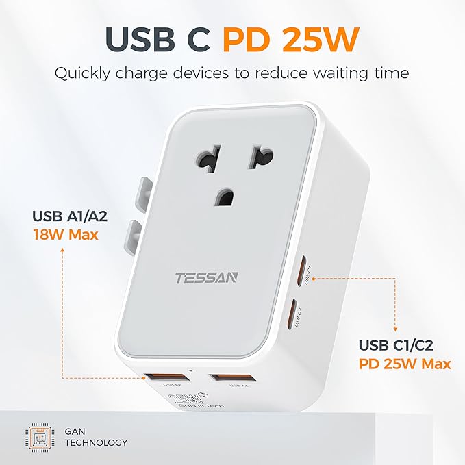 TESSAN Universal Travel Adapter PD 25W, Ultra Thin International Power adapter Fast Charger, Worldwide Plug Adaptor with 2 USB A 2 USB C for US to European UK Australia Ireland (Type C G A I)