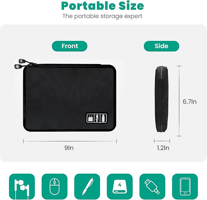Cord Organizer Travel, Electronics Organizer Tech Pouch - Portable Cable Organizer Bag for Cords, Charger, Phone, SD Card, Power Bank for Travel & Daily Use -Black Green