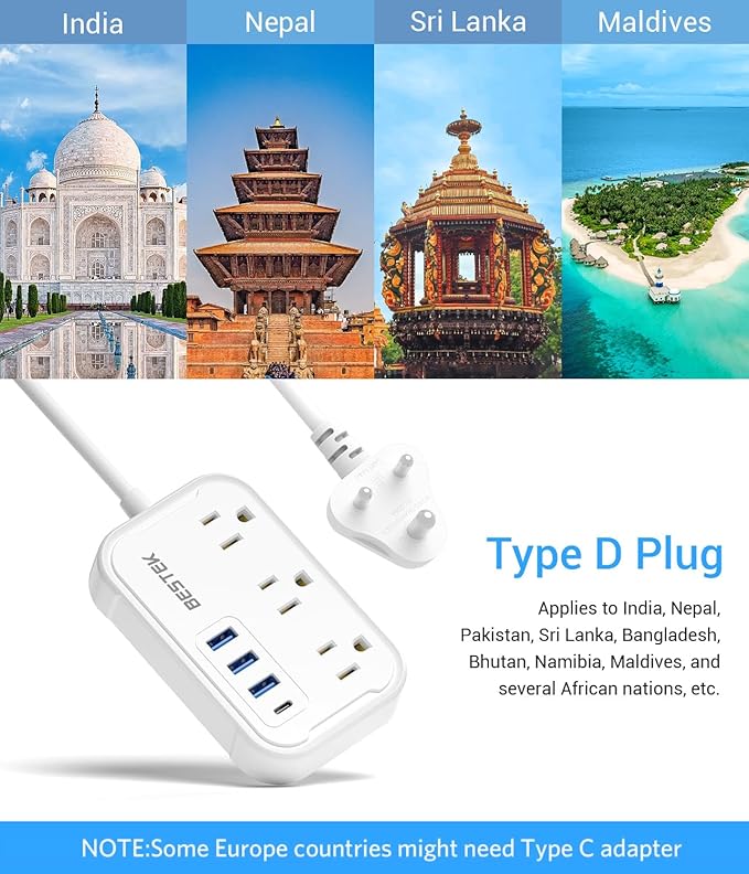 BESTEK US to India Plug Adapter: Type D Travel Adapter Power Strip with 3 AC Outlets and 4 USB(1 PD20W) - for USA to India Bangladesh Maldives Nepal Pakistan 2.6ft