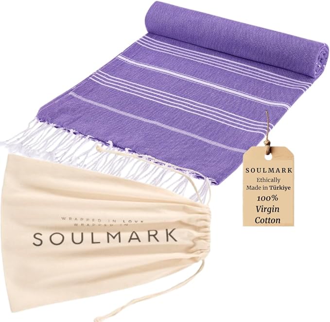 SOULMARK 100% Cotton Turkish Beach Towel with Bag - 38"x71" - Made in Green & Oeko TEX Certified - Pre-Washed and Sand Free - Quick Dry and Lightweight Perfect for Travel - Made in Turkey - Purple