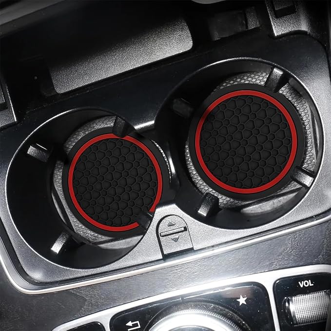 Mandark 2PCS Car Cup Holder Coasters, 2.75 Inch Non-Slip Insert Water Bottle Holder Pads, Dustproof Automotive Interior Accessories Mat, Universal for Vehicles, Trucks, RVs and More(Black/Red)