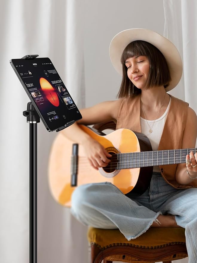 elitehood 8.5in Long Arm iPad Holder for Mic Stand, 360° Adjustable Aluminum Mic Stand Tablet Holder for Microphone & Stage Music, iPad Mount Compatible with 4-13in Tablets, iPhone and Phones
