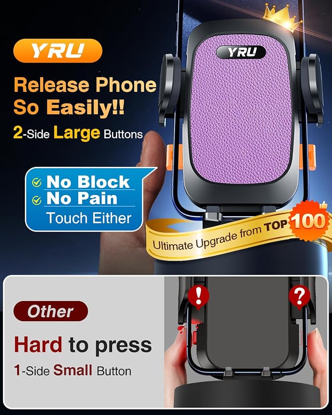 YRU True Military-Grade [360° Rotation Suction] 2026 Ultimate Car Phone Holder Mount 【90+LBS Safest Strongest & Patent Certs】 Dashboard Windshield Vent for iPhone 17 16 Pro Max Samsung, Purple
