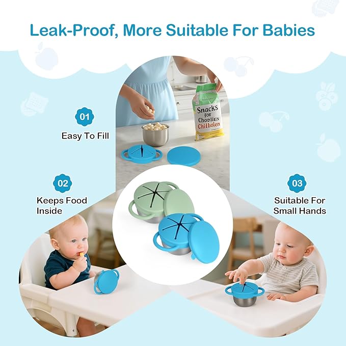 Daximo 2 Pack Snack Cups for Toddlers Spill Proof - Detachable Stainless Steel Toddler Snack Cups with Silicone Lids & Handles - Dishwasher Safe Snack Container(Niagara Blue and Sage Green)