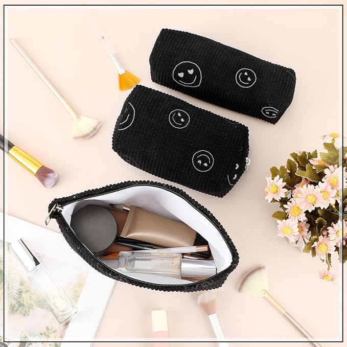 Huhumy 3 Pcs Makeup Bag Set for Women Corduroy Cosmetic Pouch Aesthetic Smile Travel Toiletry Bag Cute Purse Pouch Pencil Case Makeup Brushes Storage Organizer with Zipper(Black,Smile Face)