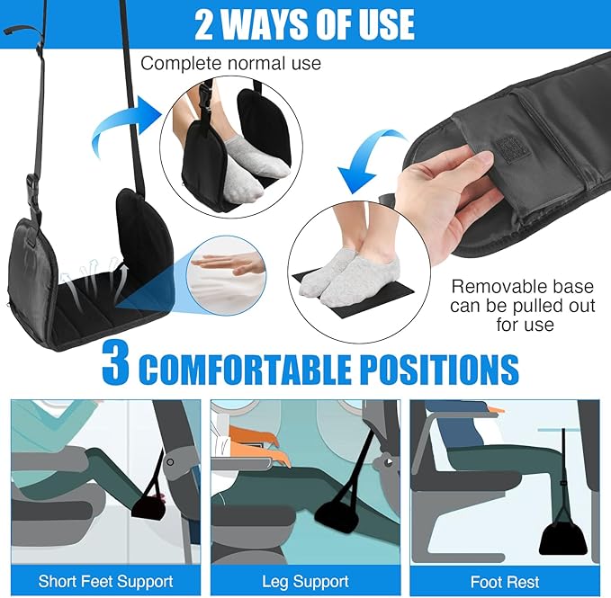 2 Pack Foot Hammock for Plane Travel - Anti-Squeeze Airplane Foot Rest, Portable Foot Sling for Long Flight with Support Board/Memory Foam, Footrest Leg Rest for Air Travel Accessories