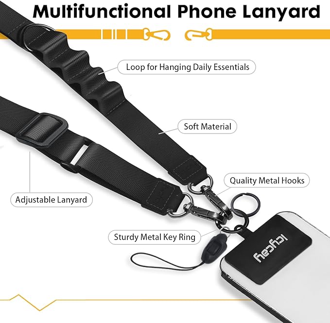 Icycay Phone Lanyard Crossbody, Black Cell Phone Strap for Around The Neck Adjustable, Minimalist Teacher Anti Theft Long Lanyard for ID Holder Key Accessories Travel Essential Women