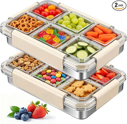 Palksky Snack Box Stainless Steel 6 Compartment, Reusable Snack Containers with Lids, Portion Control Snack Boxes for Adults, Ideal for Office Desk, Travel, Picnic & Fitness, 2 Packs