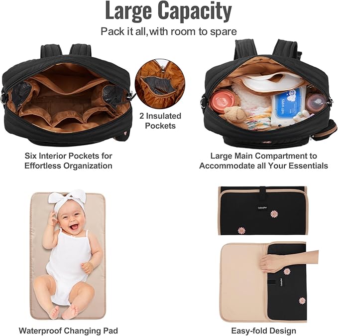 GOBABYMART Diaper Bag Backpack, Medium Maternity baby bag & Changing Pad, Insulated Pockets, Stroller Straps & Pacifier Case (Medium - Black Flowers)