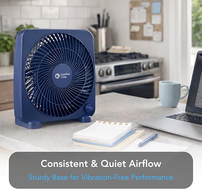 Comfort Zone 9-inch Portable Box Fan – Compact Desktop Cooling Fan with 3-Speeds, Quiet Operation, Built-in Carry Handle & Safety Grill – ETL Listed for Home, Office, or Dorm – Blue