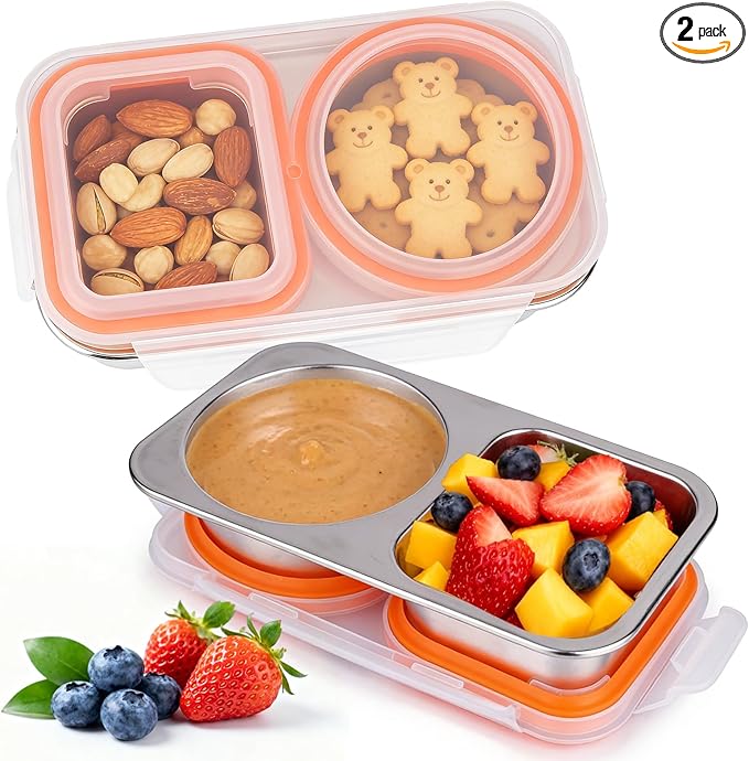 Palksky Stainless Steel Snack Containers, 2 Compartment Snack Box for Adults, Work & Travel, Reusable Food Storage Containers, 2 Packs