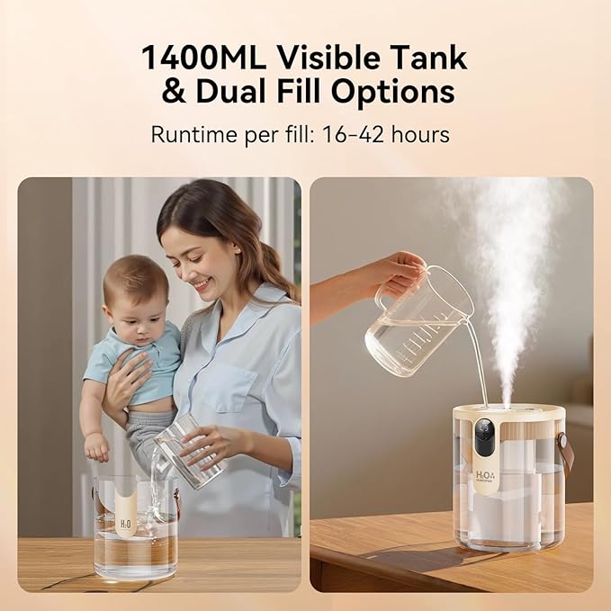 KIMMOO Rechargeable Portable Top Fill Humidifier, Smart Humidifiers for Bedroom, Night Light, 1.4L Cool Mist Humidifier for Office Home Plant Baby, 3-Speed Mist Control, Quiet, Auto Shut-Off (Beige)