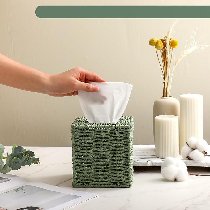 Sage Green Tissue Box Cover Square Natural Paper Rope Hand Woven Tissue Box Holder for Bathroom Living Room Bedroom Kitchen Table Desk Office Boho Home Decor