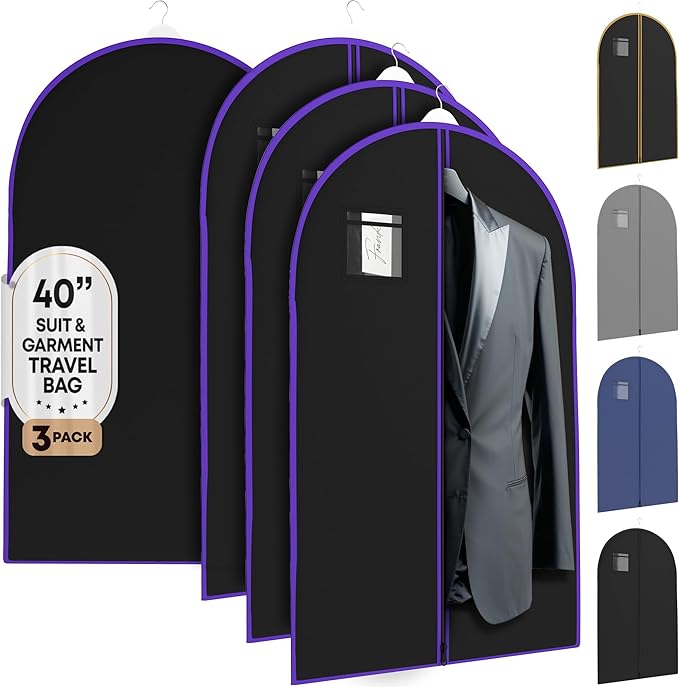 Your Bags Travel Garment Bag – Durable Zippered Single Suit Bag for Storage – Water-Resistant Clothes Cover - Hanging Garment Bags for Travel with ID Pocket – 40" x 24" - Purple (Pack of 3)