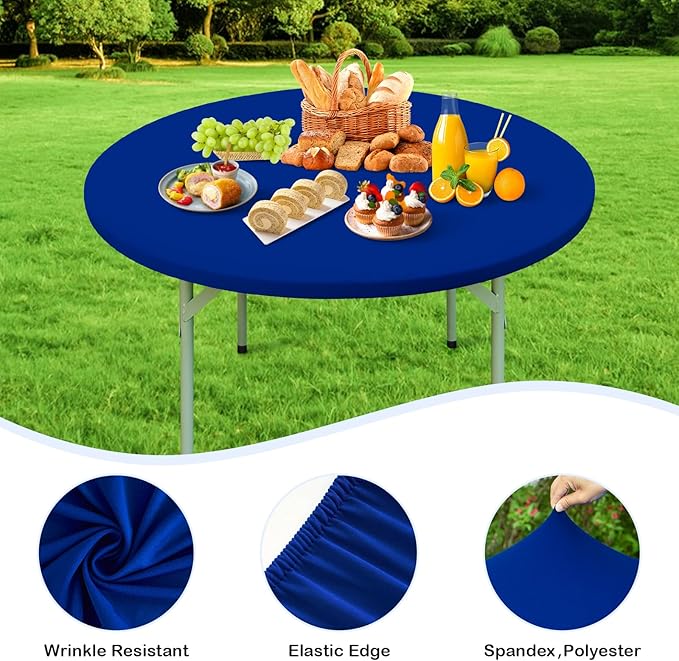 Wolkemer 2 Pack 5 Foot Blue Fitted Tablecloth 60 Inch Round Elastic Edges Table Cloth, Spandex Stretch Table Cover with Machine Washable Fabric for Wedding Party Picnic Dining Indoor Outdoor