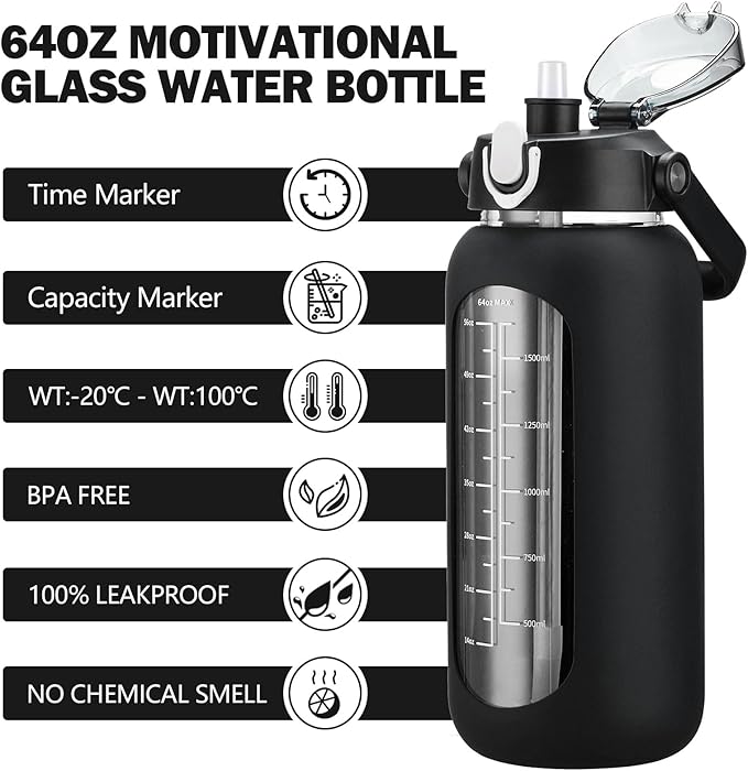 64oz Glass Water Bottles with Straw, Half Gallon Motivational Glass Bottle with Silicone Sleeve and Time Marker, 2L Leakproof Large Glass Water Jug for Gym Home Office,Black