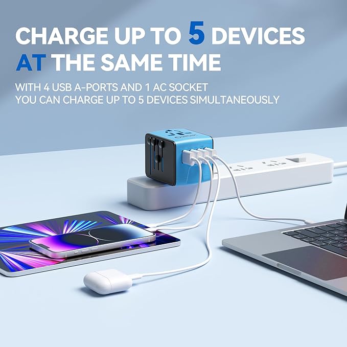 Unidapt Universal Travel Adapter, International Plug Adapter Fast 2,4A 4-USB European Power Plug, AC Wall Charger - Worldwide Outlet for Europe US USA UK EU AUS, Blue