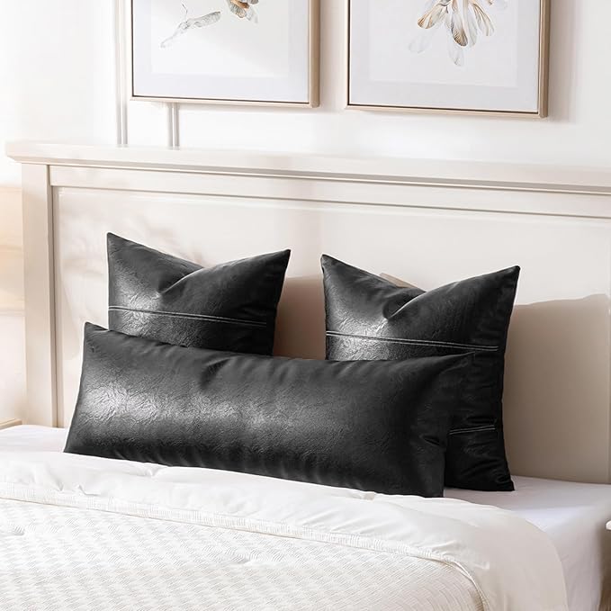 Fancy Homi Black Boho Lumbar Faux Leather Long Body Decorative Throw Pillow Cover 12x40 Inch for Bedroom Couch Bed Sofa Bench, Thick Stylish Solid Pillowcase, Rustic Modern Farmhouse Room Decor