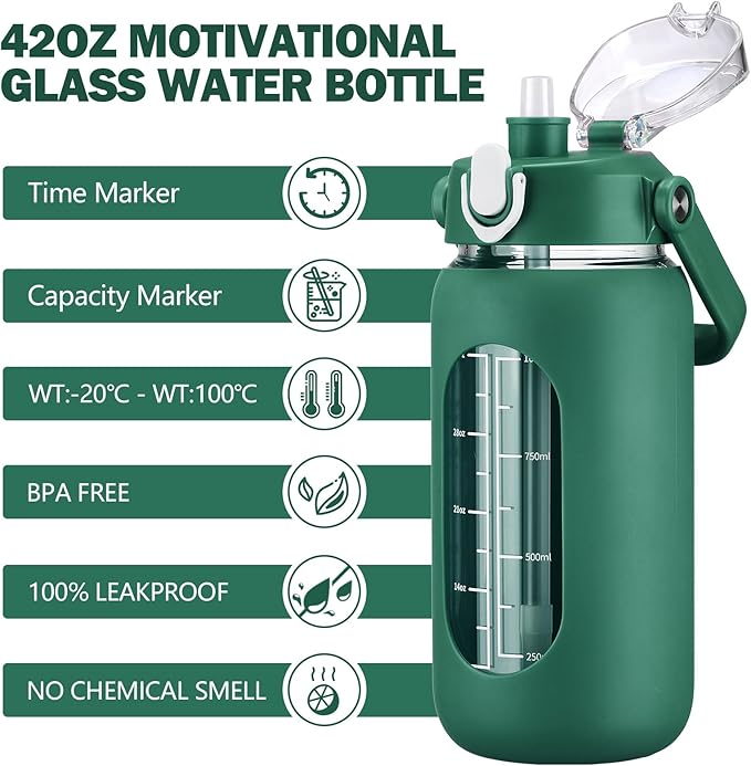 42oz Glass Water Bottles with Straw, Motivational Glass Bottle with Silicone Sleeve and Time Marker, Leakproof Large Glass Water Jug for Gym Home Office, Ink green