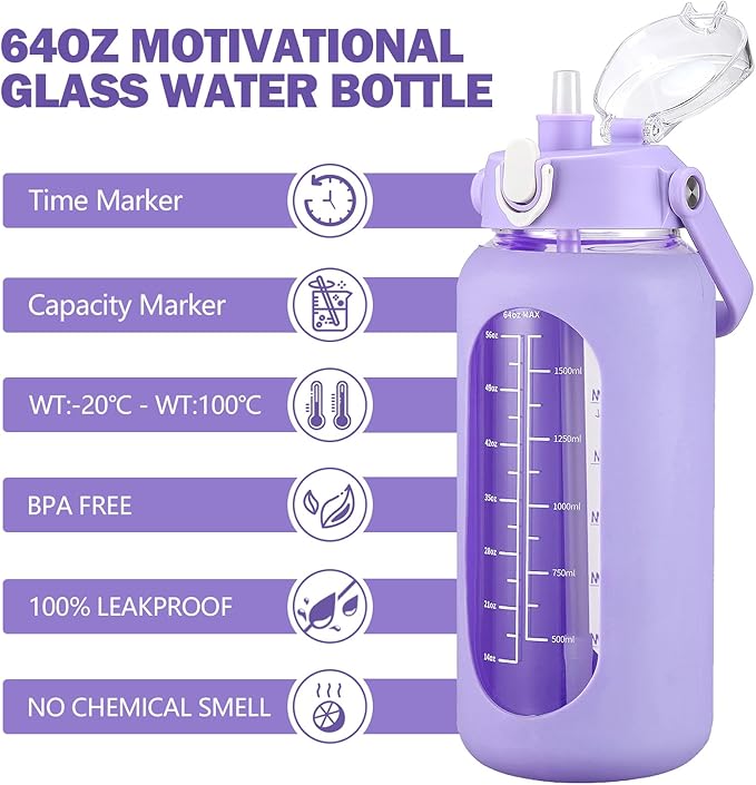 64oz Glass Water Bottles with Straw, Half Gallon Motivational Glass Bottle with Silicone Sleeve and Time Marker, 2L Leakproof Large Glass Water Jug for Gym Home Office, Purple