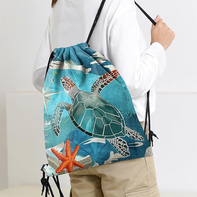 Drawstring Backpack Draw String Sports Bags for Gym Travel Beach Waterproof Cute Sackpack Men Women Aesthetic (13"×17")-Sea Turtle