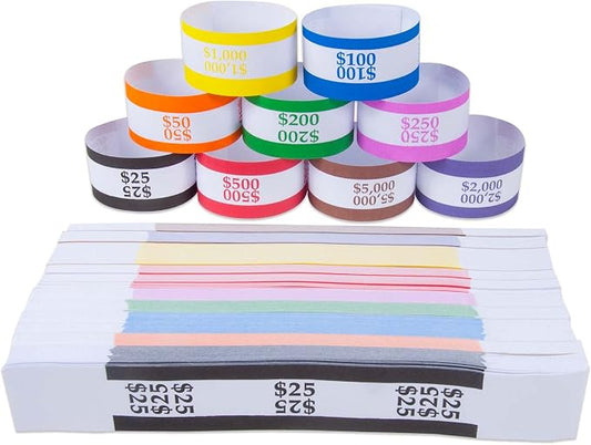 L LIKED Money Band Bundles Self Sealing Currency Straps for Bill Wrappers (9 Colors - 720 Assorted)