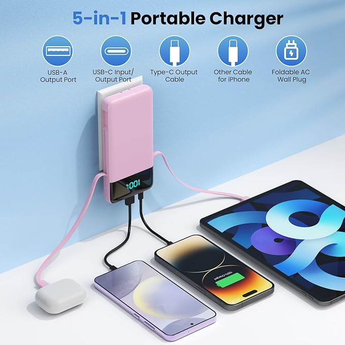 Portable Charger for iPhone with Built in Cables and Wall Plug,Upgraded 13800mAh Fast Charging USB C Power Bank,4 Outputs Travel Essential Battery Pack Compatible with iPhone 17/16/15/14,Galaxy-Pink
