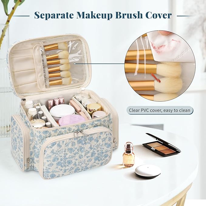 Bagmoly Large Cotton Makeup Bag, Quilted Floral Makeup Bag Organizer for Women Girls with Makeup Brush Compartment & Two Side Pockets, Cosmetic Travel Bag Vertical Storage- Blue Flower