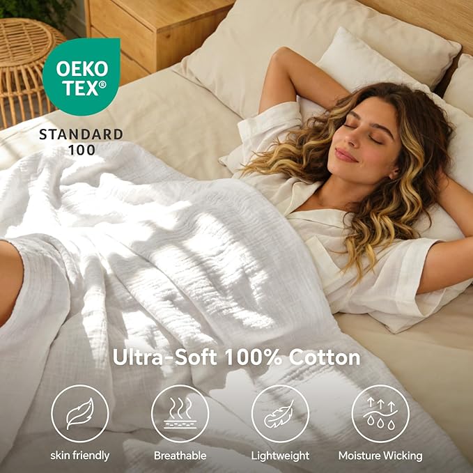 BEDELITE 100% Cotton Muslin Blankets for Adults - 4-Layer Large Throw Breathable and Lightweight Gauze Blanket for Couch, Bed, Travel and Summer, Soft & Cozy Gift for Women, White, 50"x70"