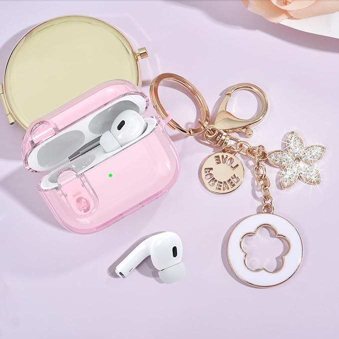 Case for Apple Airpods iPods Pro 3 Cases Cover Clear 2025 Cute Women, VISOOM Cute Air Pods Pro3 Case Clear Transparent Airpods iPods Pro 3rd Gen Protective Cases with Keychain/Lock/Cleaning Kit-Pink