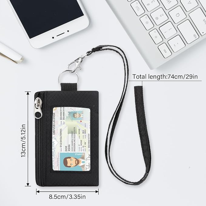 Minimalist Small Wallet for Men Women with 2 Zip Pockets, Multi Functional ID Case with Keychain and Card Holder, Coin Purse Badge Lanyard Pouch for Boys Girls Travel -Black
