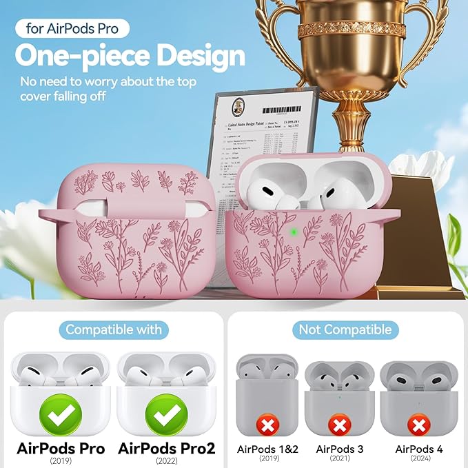 for AirPods Pro 2 Case, Ekoonpft Silicone AirPod Pro Cases with 3-in-1 Cleaning Kit & Keychain, Flower Engraved Cover for Apple AirPods Pro 2nd/1st Generation, Shockproof & Anti-Scratch