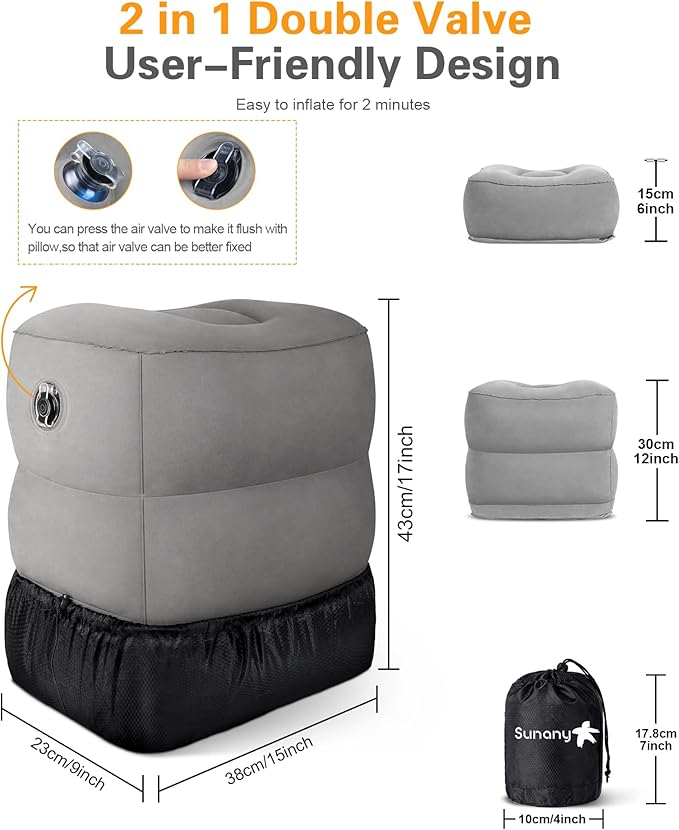 Sunany Inflatable Travel Foot Rest Pillow, Airplane Bed for Kids and Toddler, Adjustable Height Portable Car Leg Rest Pillow, Suitable for Airplane, Trains, Cars, Home, Office and Any Travel (2 Pack)