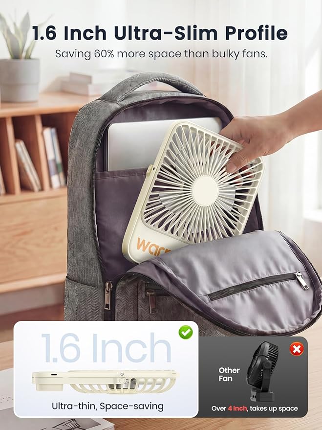 Warmco 10000mAh Portable Travel Fan 7-inch, Up to 24H Runtime, Ultra-thin Quiet Rechargeable Battery Operated Desk Fan with Digital Display for Camping, Office, Bedroom, Cruise Essentials