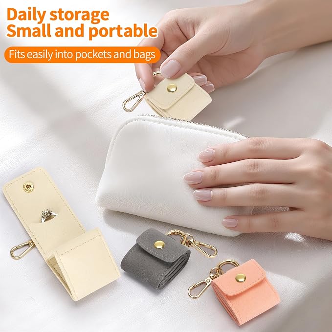 KUKUVR Mini Jewelry Holder Pouch with Keychain, Portable Travel Jewelry Organizer Box for Rings Earrings Necklace Stud, Small Velvet Jewelry Storage Bag for Gym Women (White)