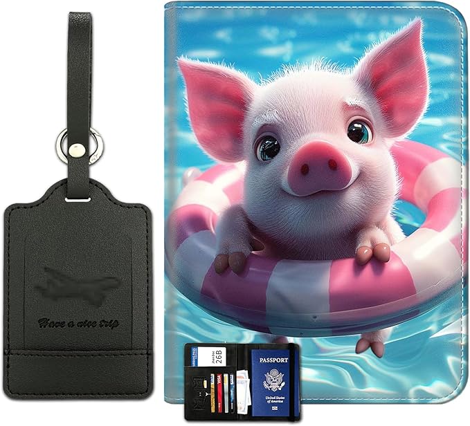Passport Wallet, Passport Holder with RFID Blocking and Luggage Tag, Waterproof PU Leather Travel Documents Organizer Case,Passport Covers with Card Slot for Women & Men,Baby Pig Swimming