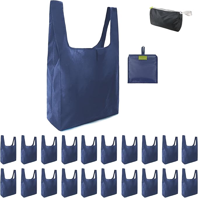 BeeGreen Blue Reusable Grocery Bags Wholesale Blue Reusable Kitchen Bags Bulk Foldable-Machine Washable with Zipper Storage Pouch 20 Packs