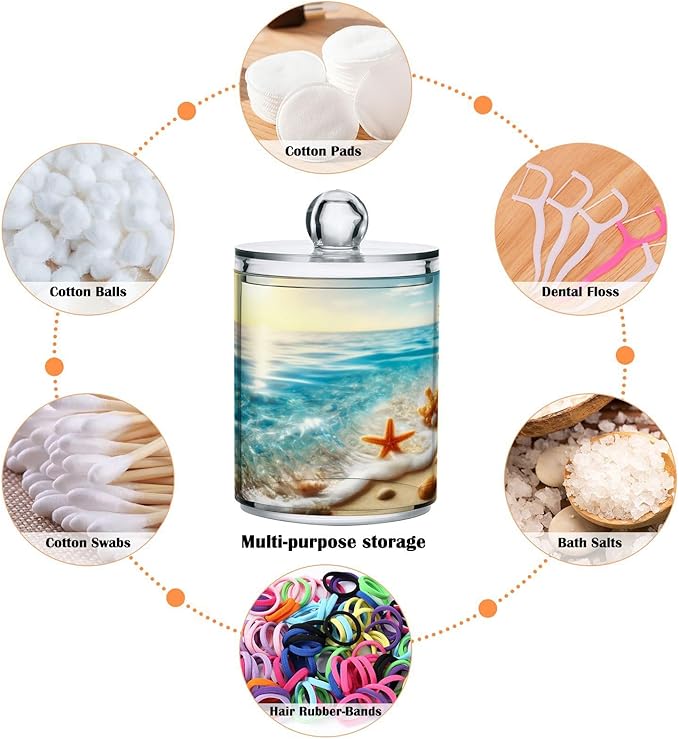 2 Pack Qtip Holder Organizer Dispenser Starfish Coral Seashell Summer Beach Bathroom Storage Canister Cotton Ball Holder Container for Cotton Pads/Swabs/Floss