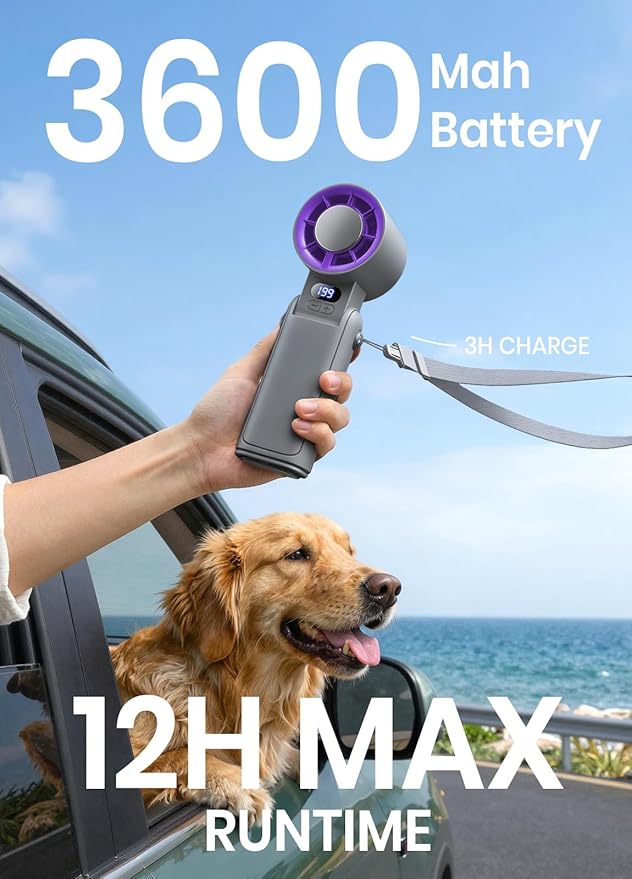 Portable Handheld Turbo Fan, 1-199 Speed Adjustable with LED Display, High-Power Motor, Rechargeable Battery, 4 IN 1 Pocket Design Mini Fans for Indoor/Outdoor/Travel/Work, Grey Purple