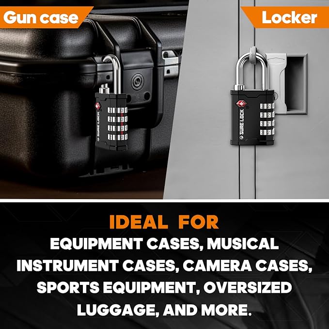 SURE LOCK TSA Approved 4 Digit Combination Lock, Heavy Duty Padlock with Red Dot Indicator for Gun Cases, Pelican Cases, Tool Boxes, Gym Lockers, Storage Units & Outdoor Gates(1,Black)