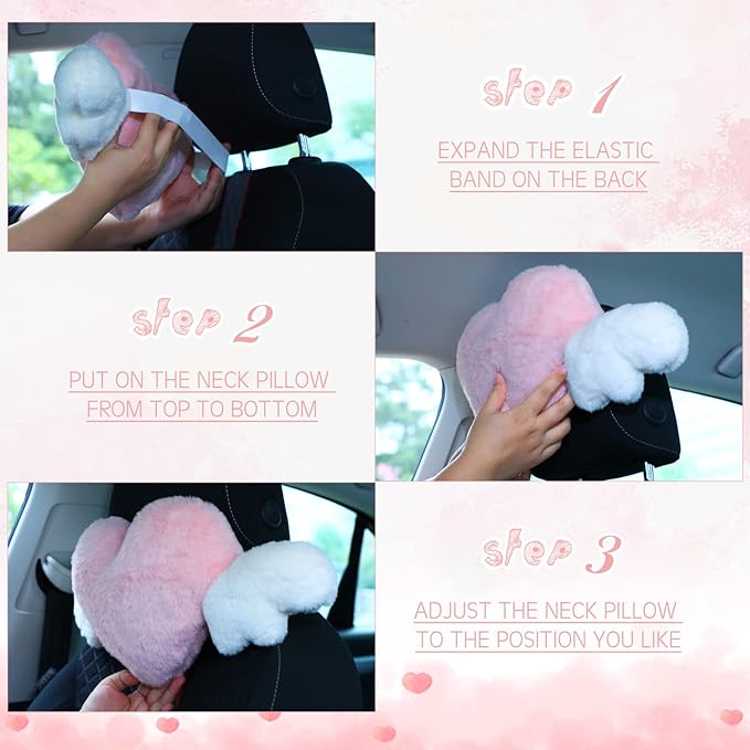 Macarrie 2 Pcs Plush Heart Shaped Pillow with Angel Wings Car Headrest Soft Comfortable Seat Pillow for Driving Travelling Room Office Car Decor, 19.7 x 8.3 Inch(White, Pink)